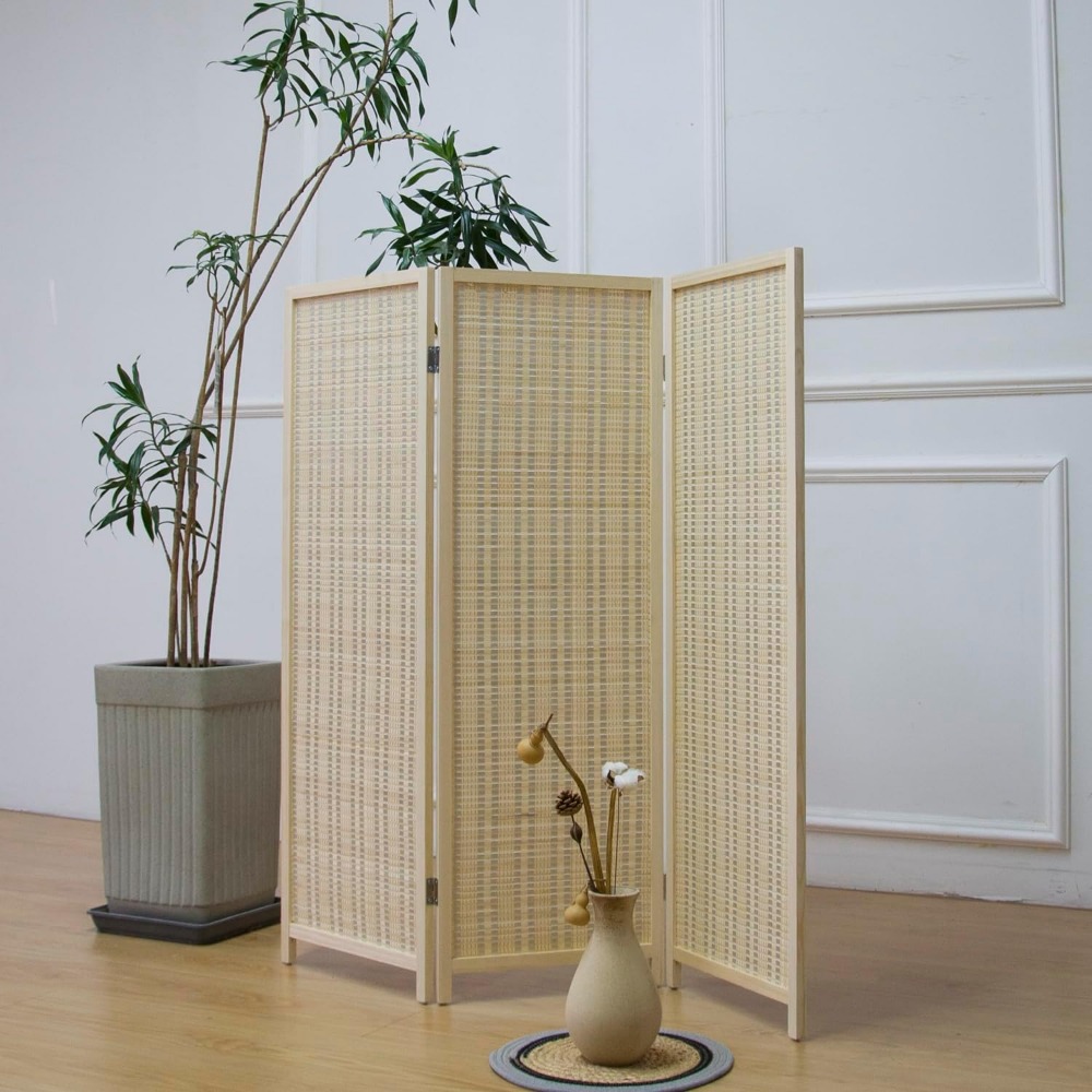 Room Divider Bamboo - Трехпанельная короткая перегородка для комнаты, бежевая,